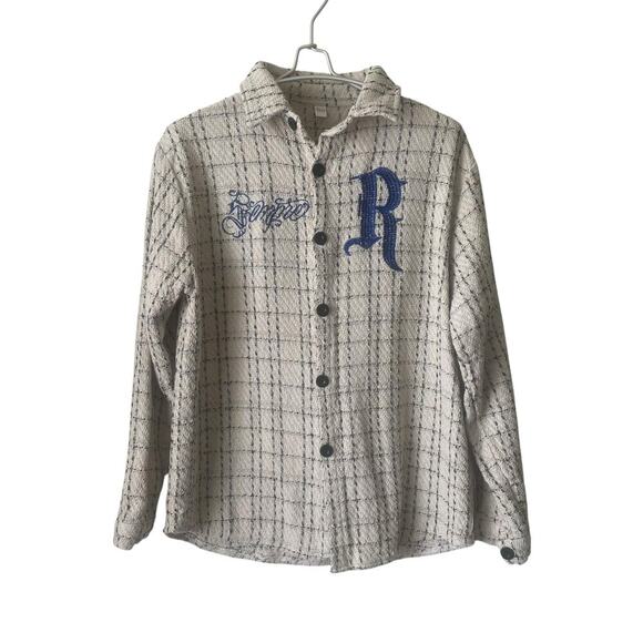 Checkered Flannel Long Sleeve Women’s Shirt Cream Blue Embroidered Size L - Picture 6 of 6